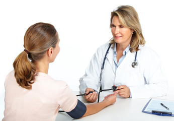 Poster - Doctor woman measuring patient blood pressure.