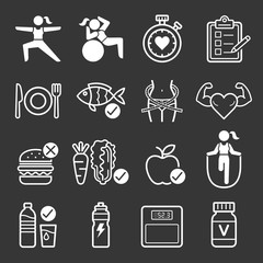  Diet and exercise icons. Vector illustrations.