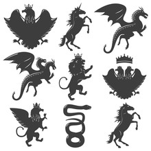Heraldic Animals Decorative Graphic Icons Set
