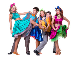 Wall Mural - Cabaret dancer team dancing. Isolated on white background in full length.