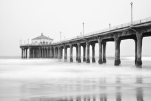 Black And White Photo Of Manhattan Beach Pier, California.