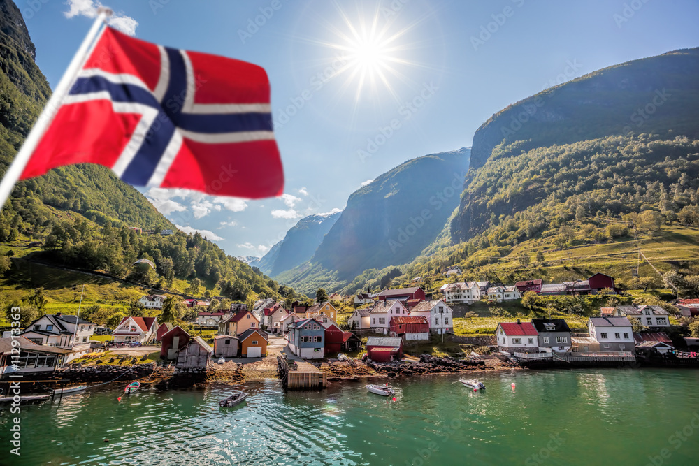 Beautiful Fishing village Undredal against mountain near the Flam in Norway - obrazy, fototapety, plakaty 