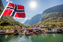 Beautiful Fishing Village Undredal Against Mountain Near The Flam In Norway