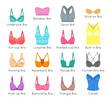 Bra design vector flat colorful icons set. Female underwear styles cartoon collection. Lingerie fashion infographic elements. Woman wardrobe garments. Various clothes symbols, isolated on white