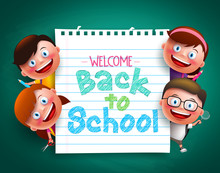 Back To School Colorful  Text Written In Paper With Funny Kids Vector Characters Holding School Items. Vector Illustration

