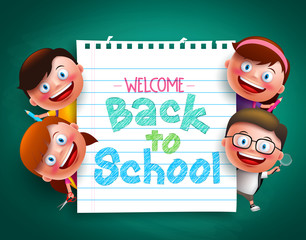 Wall Mural - Back to school colorful  text written in paper with funny kids vector characters holding school items. Vector illustration
