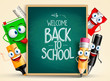 © AmazeinDesign - School vector characters of funny pencil, pen, sharpener and other school items holding blackboard with back to school writing. Vector illustration