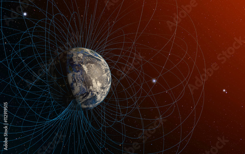 Plakat Renderowania 3D z pola magnetycznego planety Ziemi.