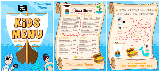 Cute colorful kids meal menu with pirates, game, mermaid. Vector template