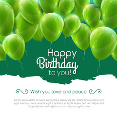 Vector happy birthday card with green balloons, party invitation.