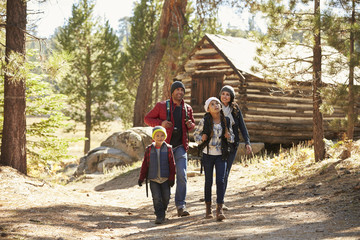 Wall Mural - Family walking away from a log cabin in a forest