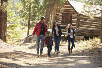 Wall Mural - Family walking on forest path past a log cabin