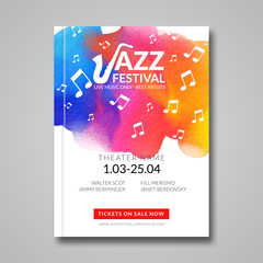 Vector musical poster design. Watercolor stain background. Jazz, rock style billboard template for card, brochure, banner.