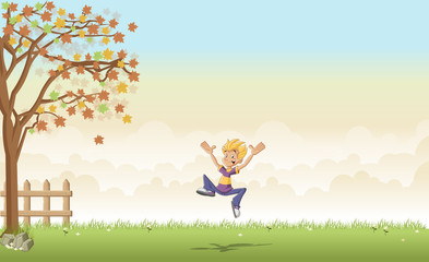 Wall Mural - Green grass landscape with cartoon teenager boy jumping
