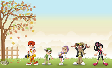 Wall Mural - Green grass landscape with cute cartoon teenagers.
