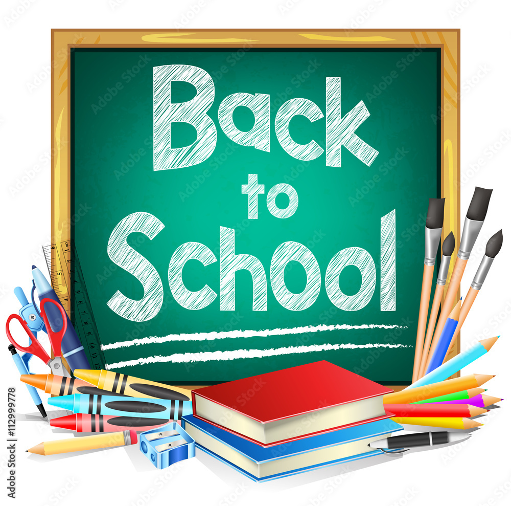 Green Chalkboard with Back to School Text and School Supplies Isolated ...