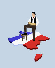Stereotypical French Man Standing On French Flag In The Shape Of France