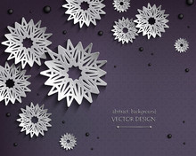 3d Monochrome Vector Background With Stylized Flowers Made Of Metal Or Paper. Architectural Motifs In Oriental Style. Winter Festive Background