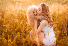 Beautiful  Girl  With His Dog On The Field In Sun Light. 