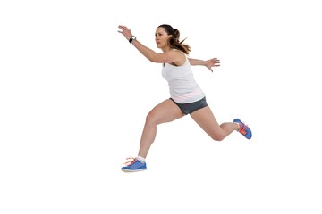 Wall Mural - Athletic woman running on white background