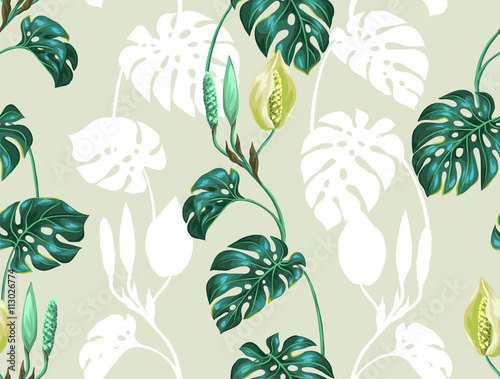 Naklejka na szafę Seamless pattern with monstera leaves. Decorative image of tropical foliage and flower. Background made without clipping mask. Easy to use for backdrop, textile, wrapping paper
