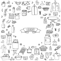 Hand drawn doodle Laundry set Vector illustration washing icons Laundry concept elements Cleaning business symbols collection Housework Equipment and facilities for washing, drying and ironing clothes