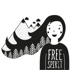 cute vector illustration with happy girl and mountains with pine forest in her hair. free spirit let