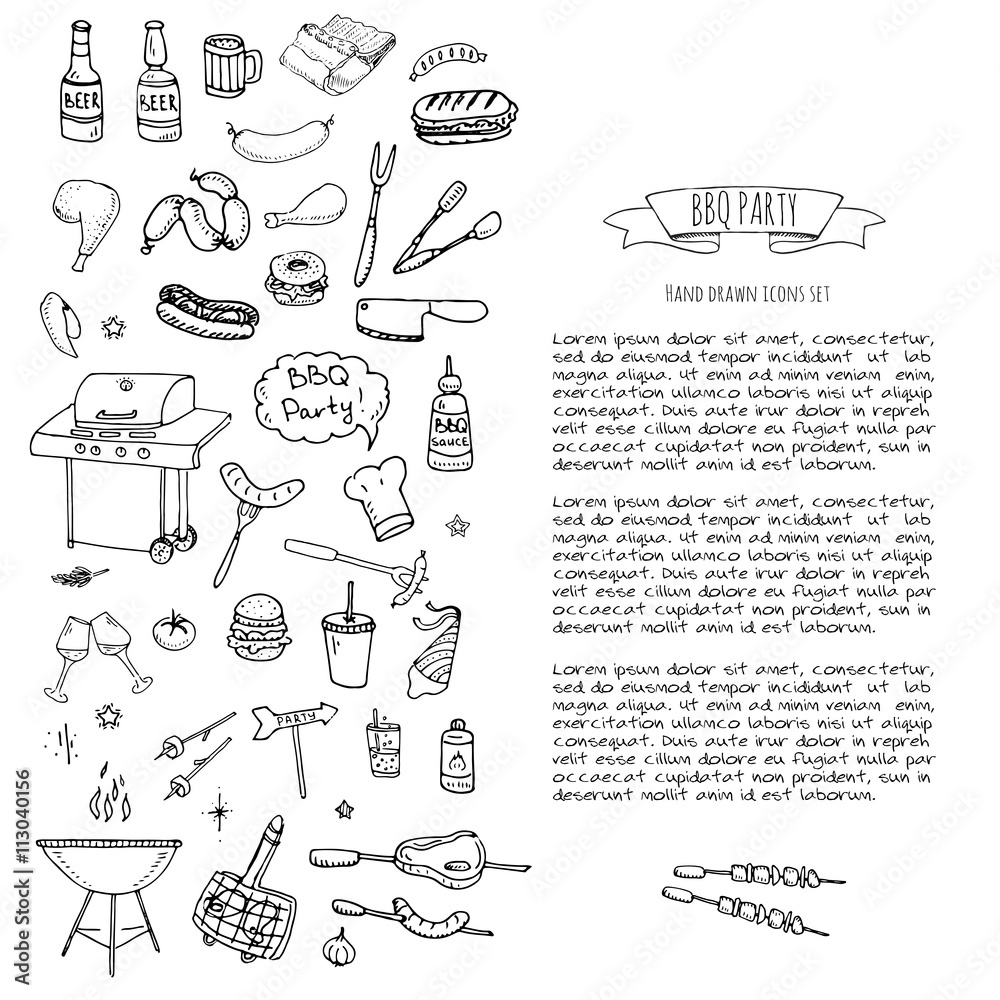 Hand drawn doodle BBQ party icons set Vector illustration summer ...