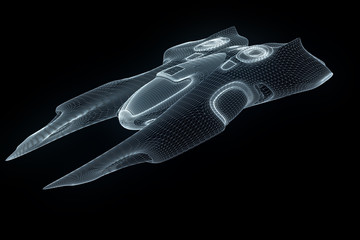 spaceship hologram wireframe hud in motion. nice 3d rendering