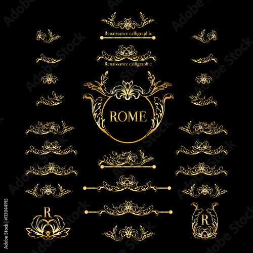 Poster Vector set of italian calligraphic design elements for page decor, dividers and ornate headpieces,vintage underscore,underline
