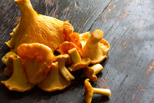 Fresh Cut The Raw Yellow Forest Mushrooms Chanterelles On The Old Black Wooden Table
