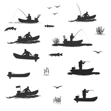 
Head Coach Of The Club Fishermen Rides On A Rubber Boat With A Motor. Fisherman In A Boat Catches A Fish , Hunter Shooting Rifle
Set Of Silhouettes. Totally Vector Illustration
