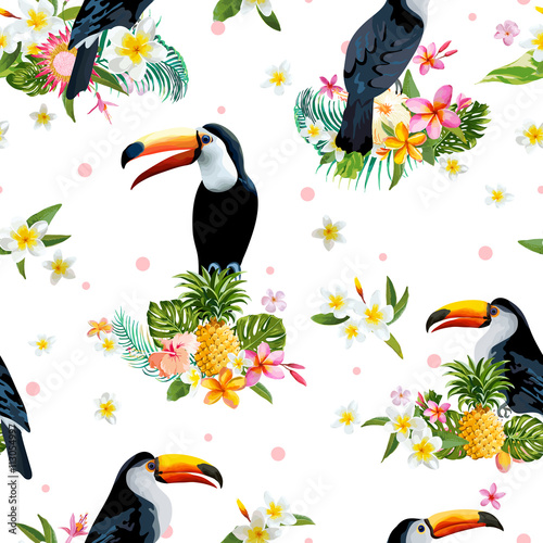 Foto Toucan Bird. Tropical Flowers Background. Retro Seamless Pattern