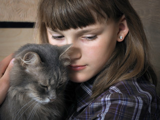 Portrait of a sad teenage girl with gray cat