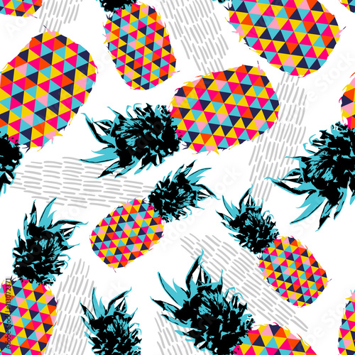 Naklejka - mata magnetyczna na lodówkę Summer seamless pattern with color retro pineapple