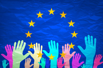 Image of hands on the background of the European flag. make a choice. vote. Cast your vote for Europe