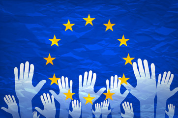 Wall Mural - Image of hands on the background of the European flag. make a choice. vote. Cast your vote for Europe