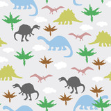 Fototapeta Dinusie - Ornament with dinosaurs, clouds and vegetation.