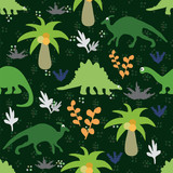 Fototapeta Dinusie - Ornament with dinosaurs and plants.
