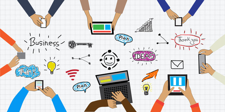 Business plan and mobile technologies, doodle drawing illustration.
