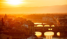 Bridges The Arno River Florence Italy Old Town In Evening Sunset