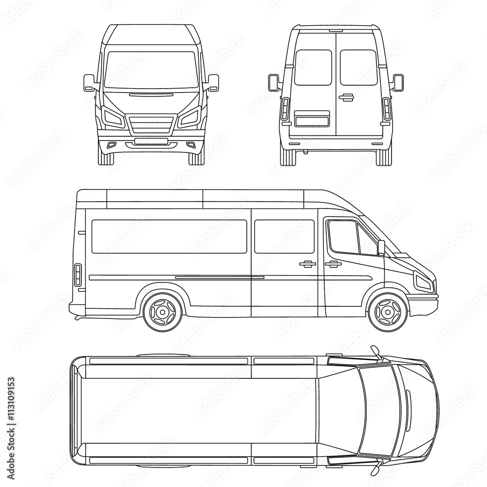 van template. commercial vehicle. Blueprint, drawing, proection, all ...