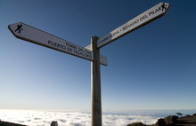 Signpost For Trekkers Above The Clouds On Top Of The Taburiente, Canary Islands, Spain
