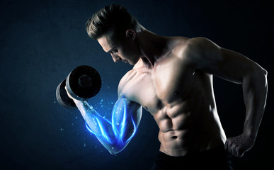 Fit athlete lifting weight with blue muscle light concept