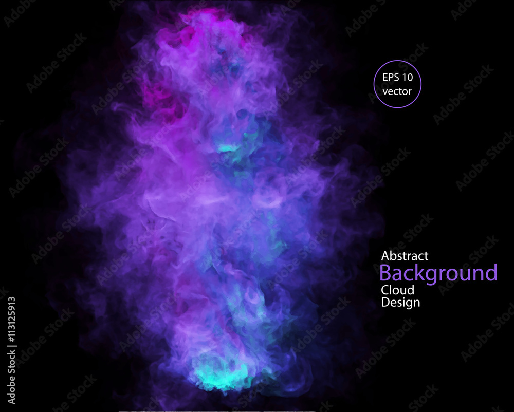 Vector abstract cloud. Smoke design. Vector illustration of deep blue, violet and purple, smoke on black. Abstract banner paints. Background for banner, card, poster, identity, web design - obrazy, fototapety, plakaty 