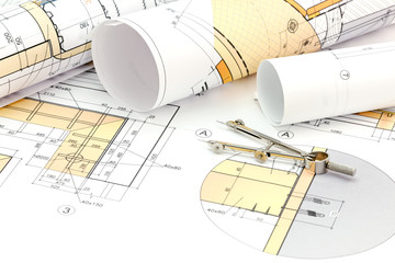 Poster - architects workspace with blueprint, rolls and drawing compass