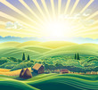 Rural landscape, with houses. Dawn over the mountains, countryside. Raster illustration.