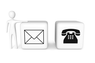 Contact us: mail and telephone cubes with white 3d man, 3d illustration