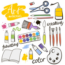 Doodle Colored Art Materials Collection. Hand Drawn Art Icons Set. Vector Illustration
