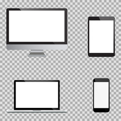 Wall Mural - Set of realistic computer monitors, laptops, tablets and mobile phones. Electronic gadgets, isolated, on white background